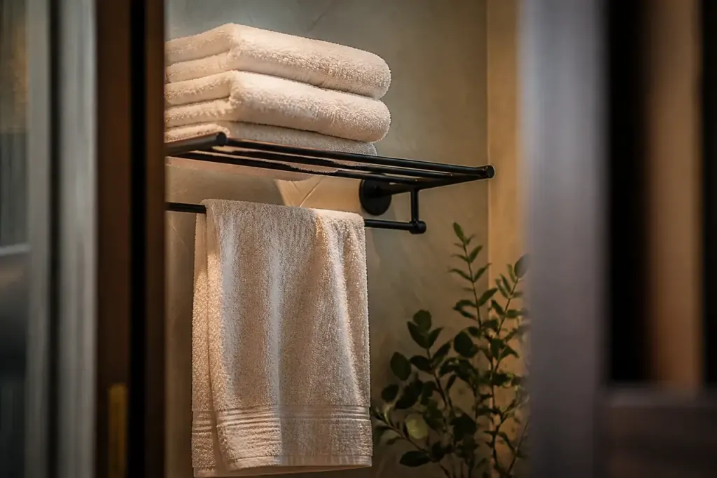 Serviettes de bain pliees sur un porte-serviettes en metal