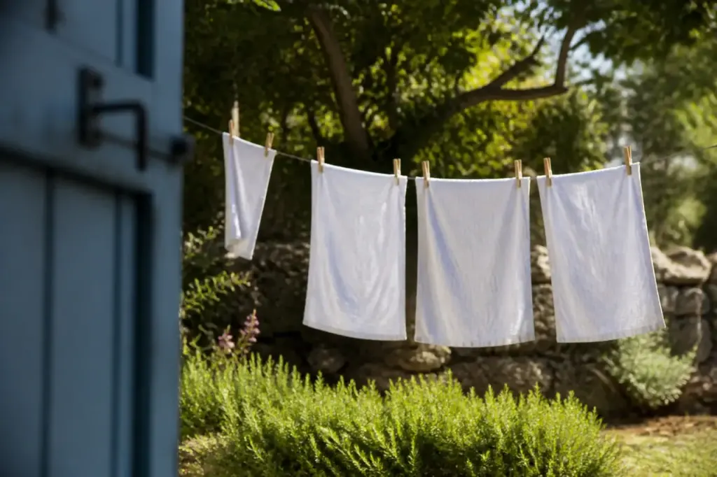 Serviettes blanches bouclees sur un fil a linge