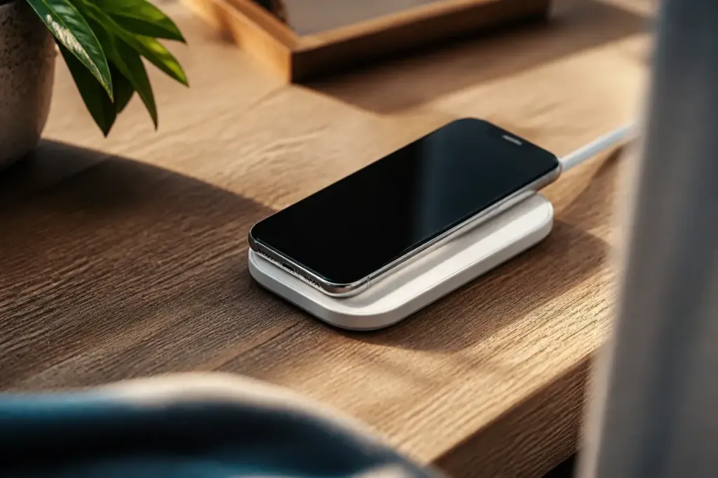 Smartphone pose sur station de charge blanche, lumiere douce