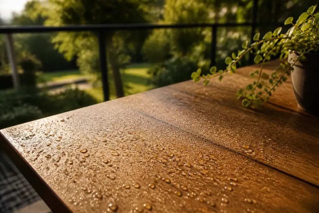 Surface en bois mat avec gouttes perlant dessus