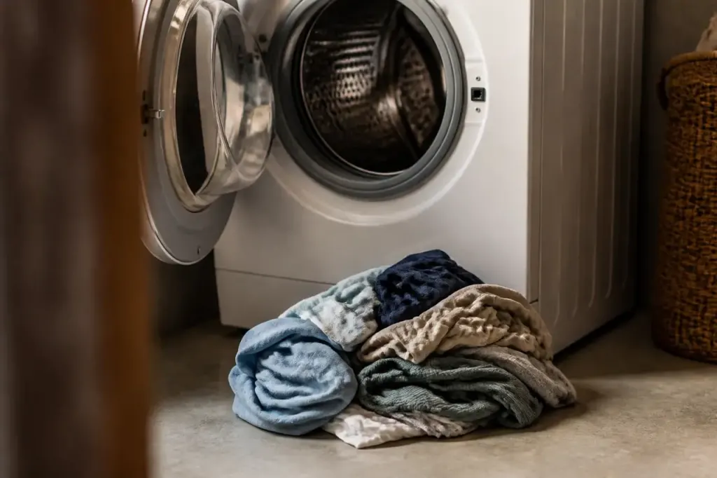 Tambour machine ouvert linge en boule sur le sol