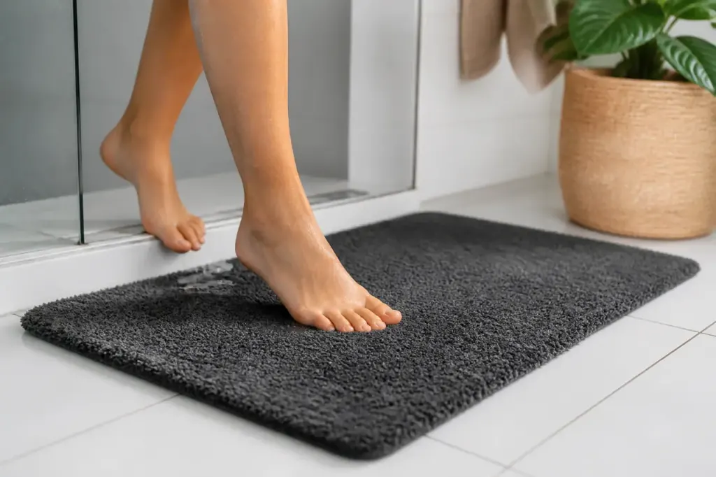 Tapis de bain gris anthracite sur carrelage blanc