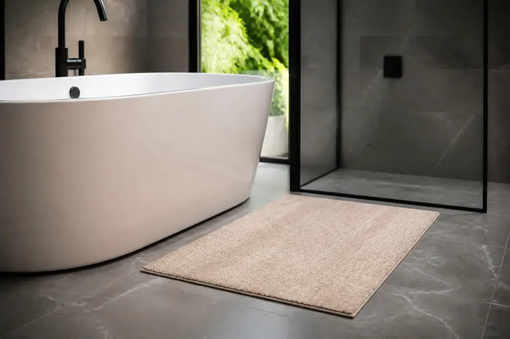 Tapis beige devant baignoire blanche et carrelage gris