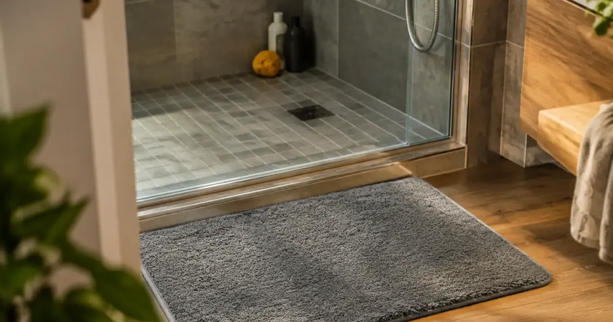 Tapis gris neuf posé devant une douche carrelée