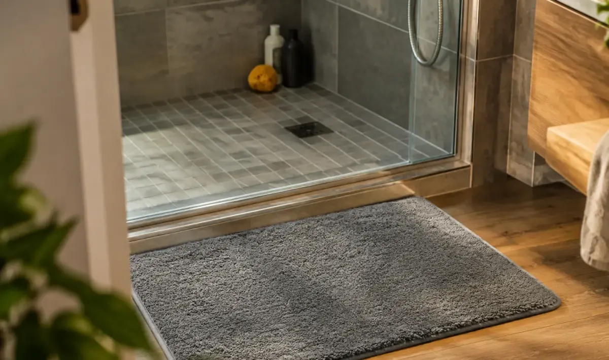 Tapis gris neuf posé devant une douche carrelée