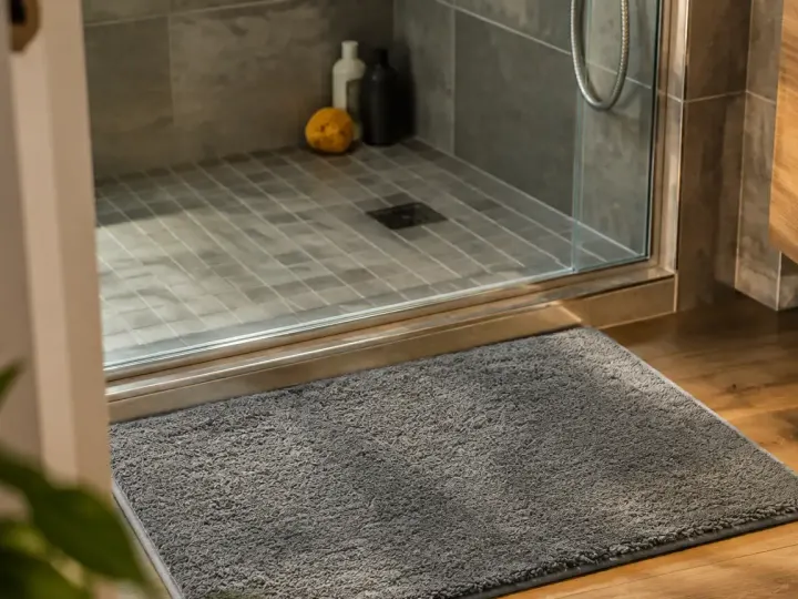 Tapis gris neuf posé devant une douche carrelée