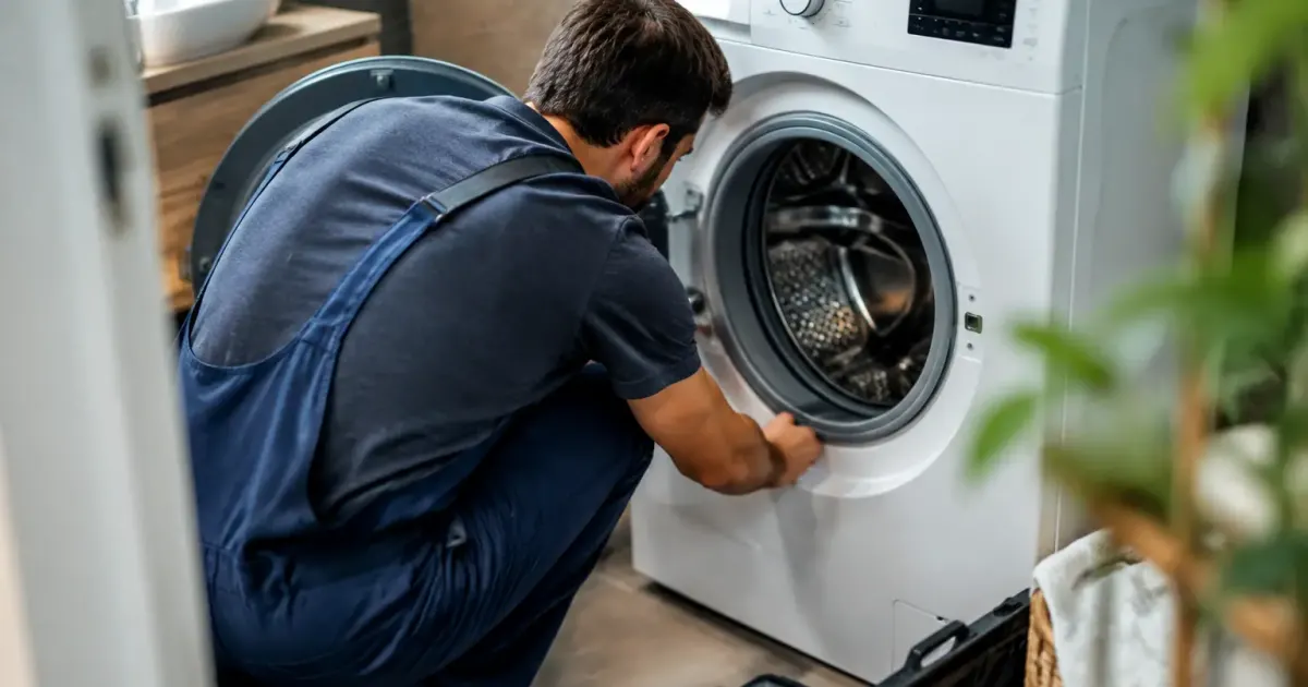 Technicien accroupi devant une machine a laver ouverte