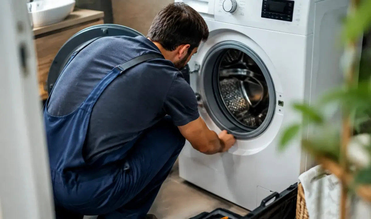 Technicien accroupi devant une machine a laver ouverte