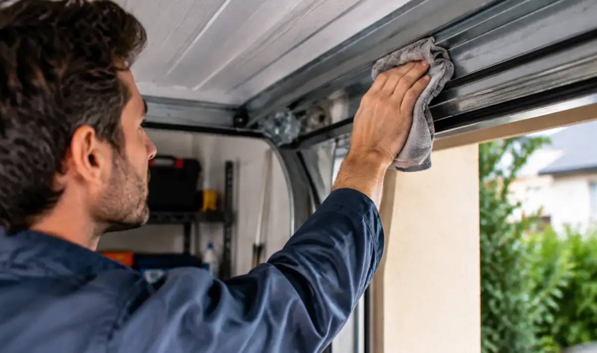 Technicien nettoie rail metallique porte garage avec chiffon sec
