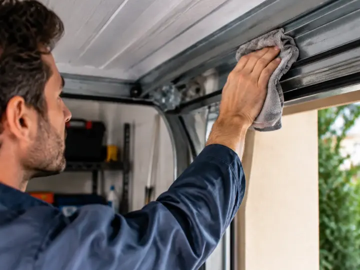 Technicien nettoie rail metallique porte garage avec chiffon sec