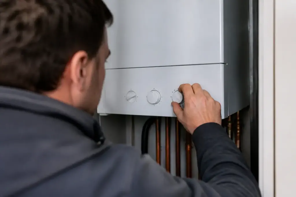 Technicien tournant un thermostat devant une chaudiere murale blanche