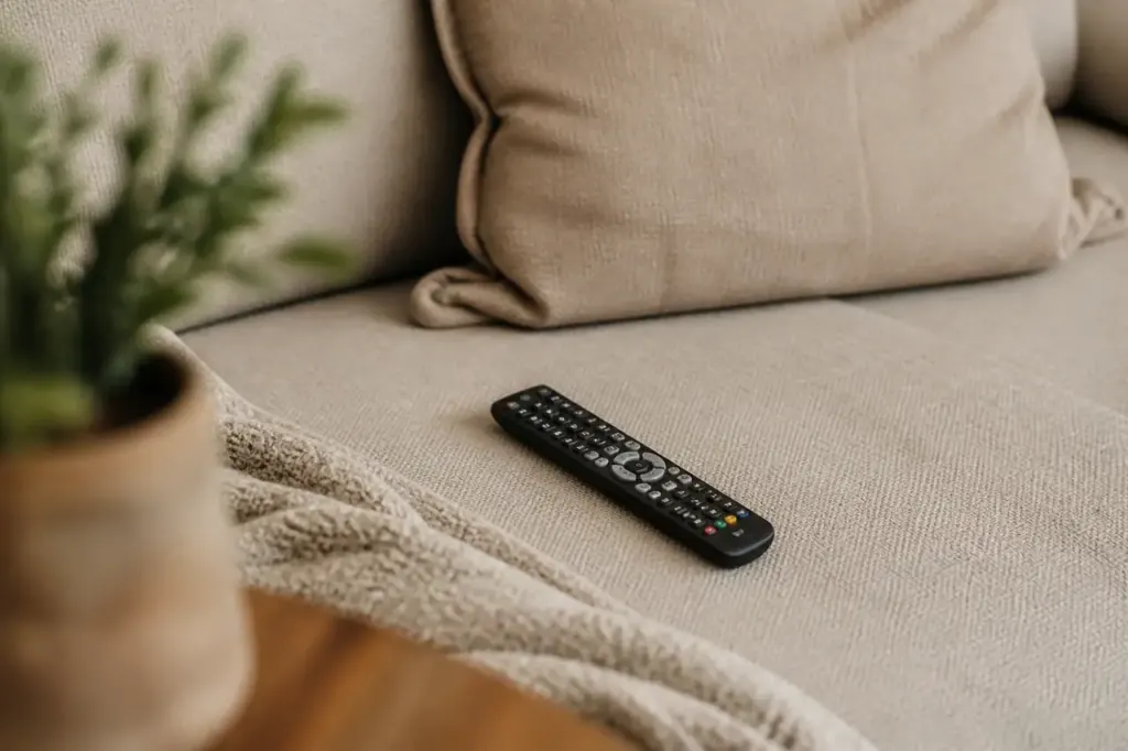 Main tenant une telecommande sur un canape beige