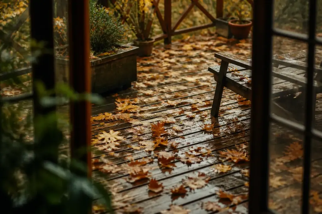 Terrasse en bois humide couverte de feuilles mortes