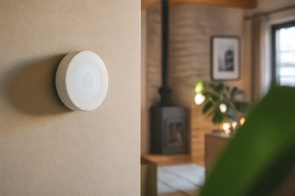 Thermostat blanc programmable sur mur beige ecran lumineux
