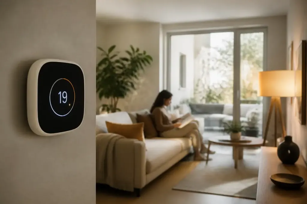 Thermostat numerique affichant 19 degres dans un salon lumineux