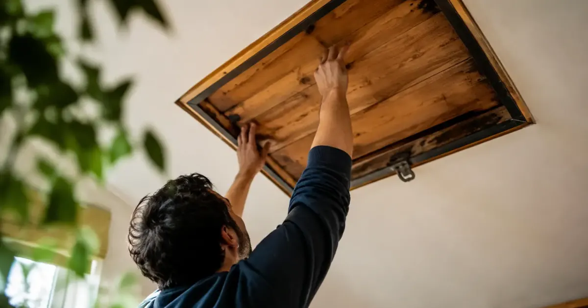 Trappe en bois au plafond, cadre noirci par endroits