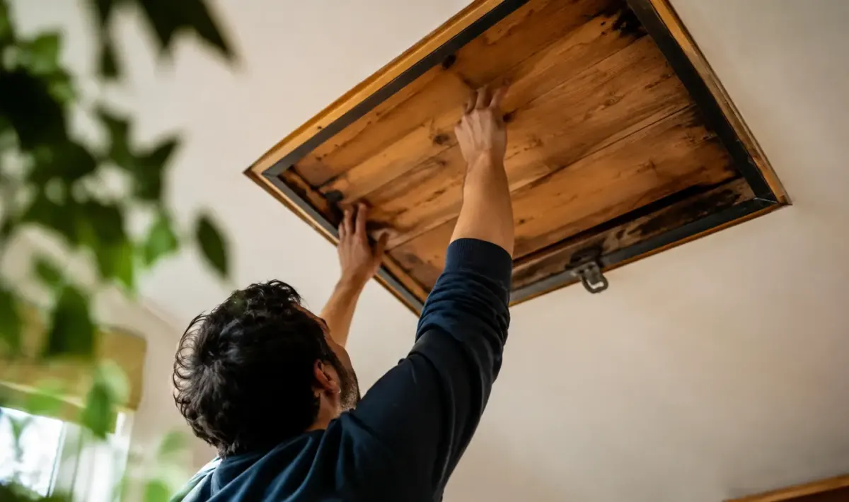 Trappe en bois au plafond, cadre noirci par endroits