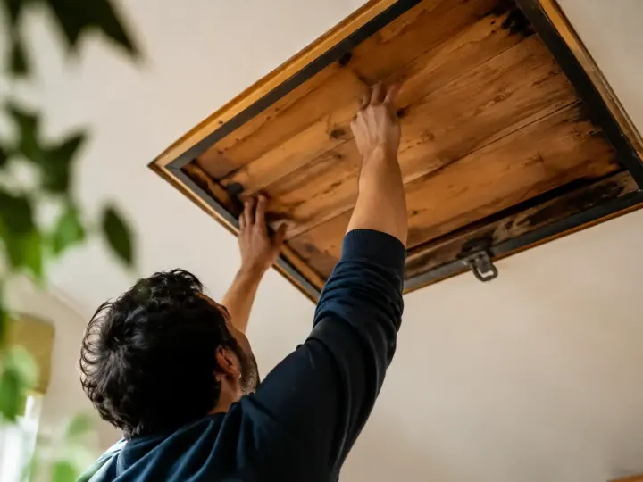 Trappe en bois au plafond, cadre noirci par endroits