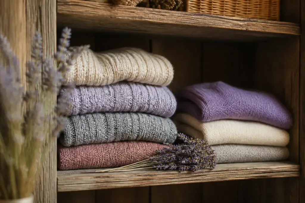 Tricots plies sur etagere en bois avec lavande