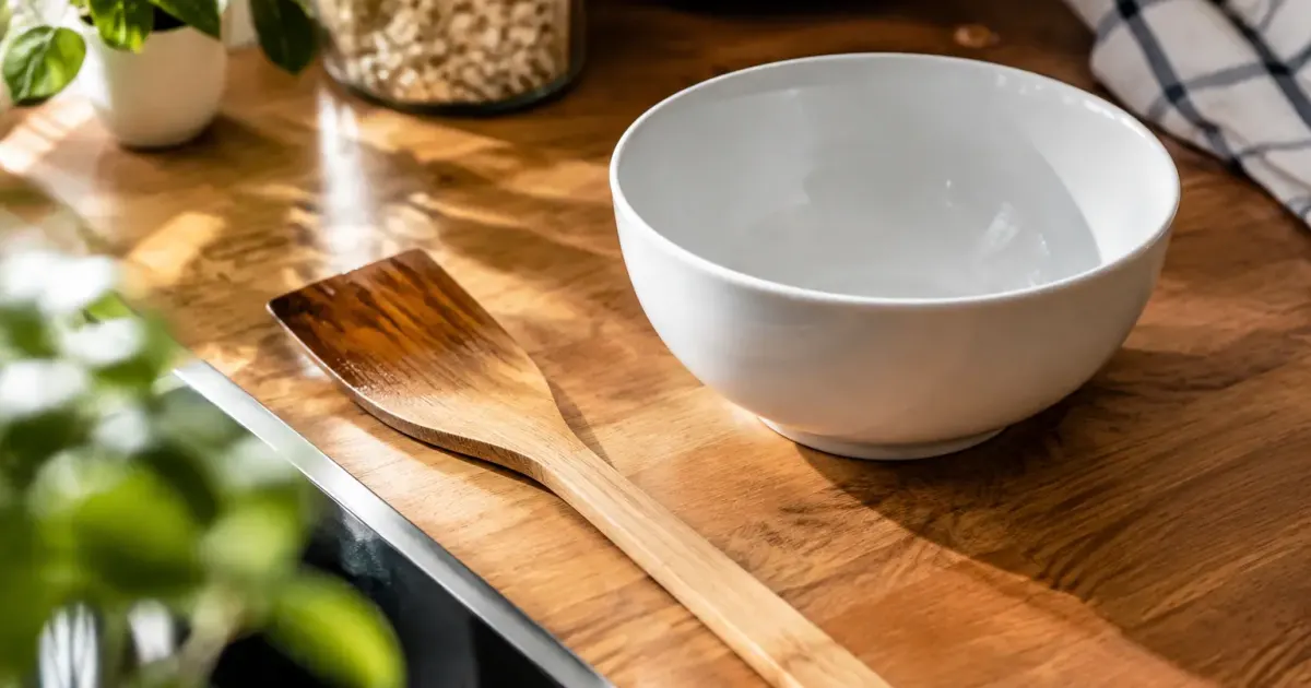 Ustensile de cuisine tache pose pres d'un bol blanc