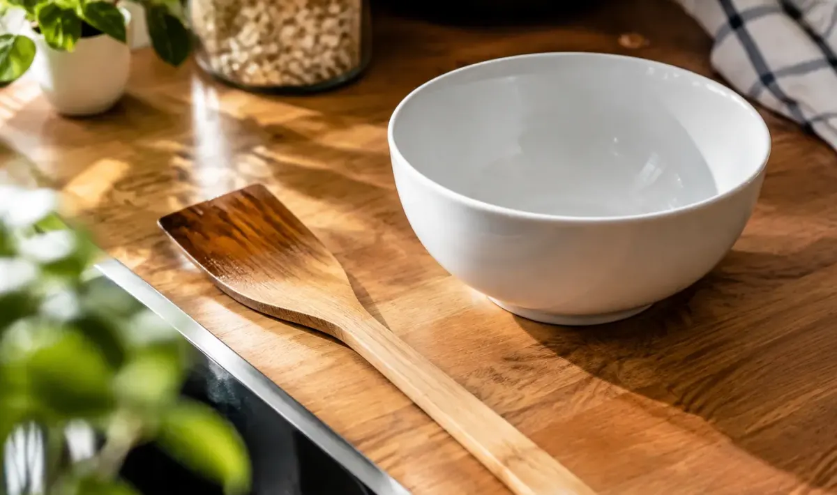 Ustensile de cuisine tache pose pres d'un bol blanc