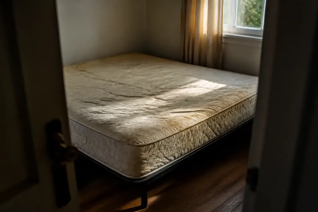 Vieux matelas affaisse avec taches jaunies sur lit