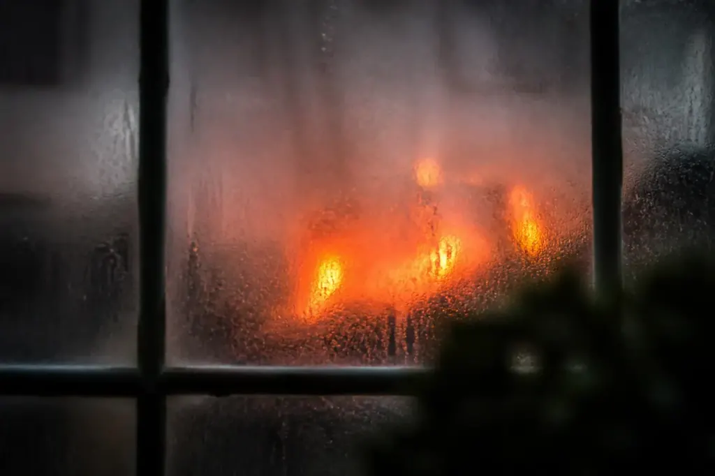 Vitre sombre voilée de blanc devant flamme orangée