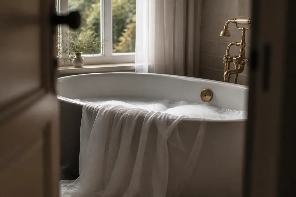 Voilage blanc trempant dans une baignoire pleine de mousse